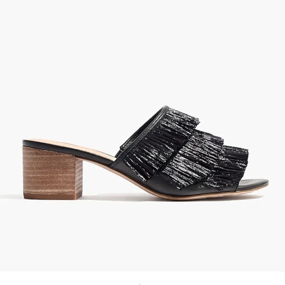 Madewell The Devon Fringe Black Leather Slide Peep Toe Sandal - Picture 1 of 9